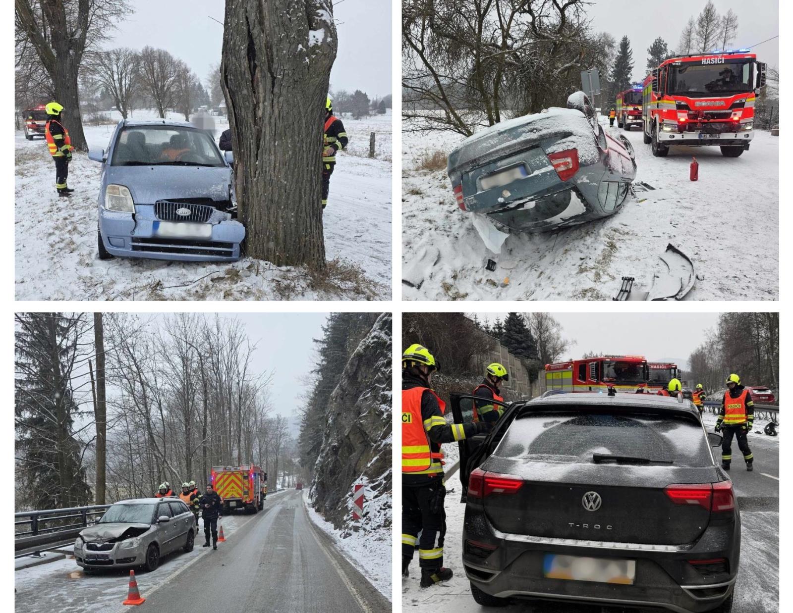 Dopravní nehody, u nichž zasahovaly hasičské jednotky v Libereckém kraji v pondělí 16. února 2026