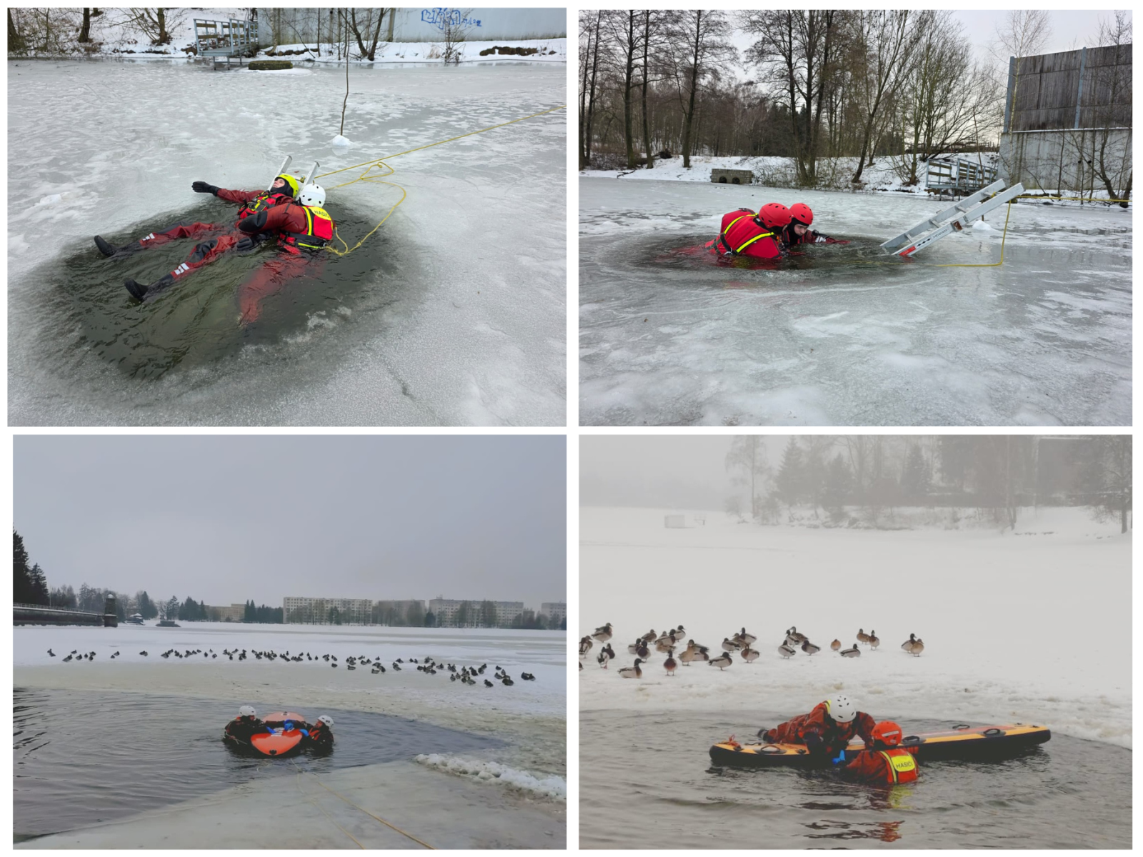 Výcvik na zamrzlé vodní hladině: horní fotografie dokumentují liberecké profesionální hasiče na rybníku Sajbot ve Vesci, dolní fotky pak jablonecké profesionální hasiče na přehradě Mšeno