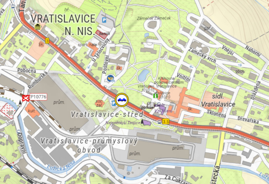 Mapa s označením místa dopravní nehody