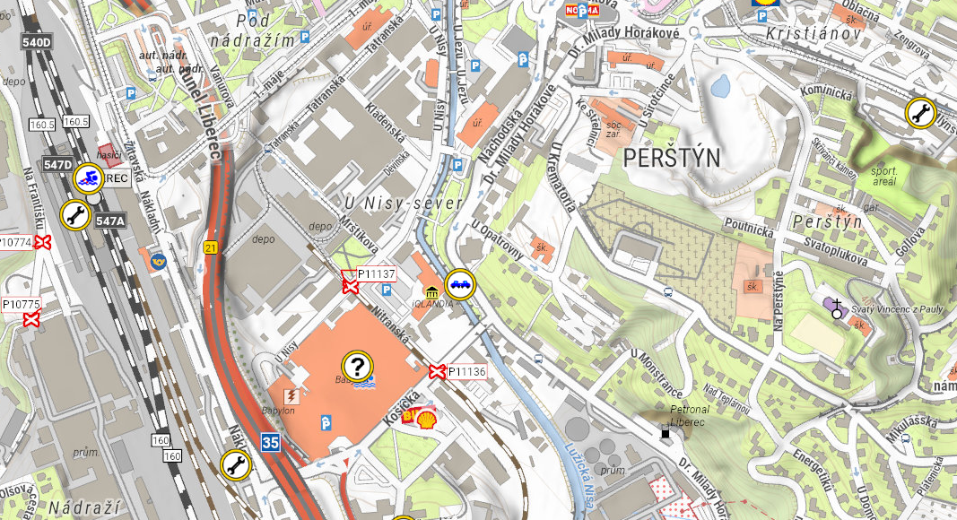 Mapa s vyznačením místa, kde k havárii automobilu došlo