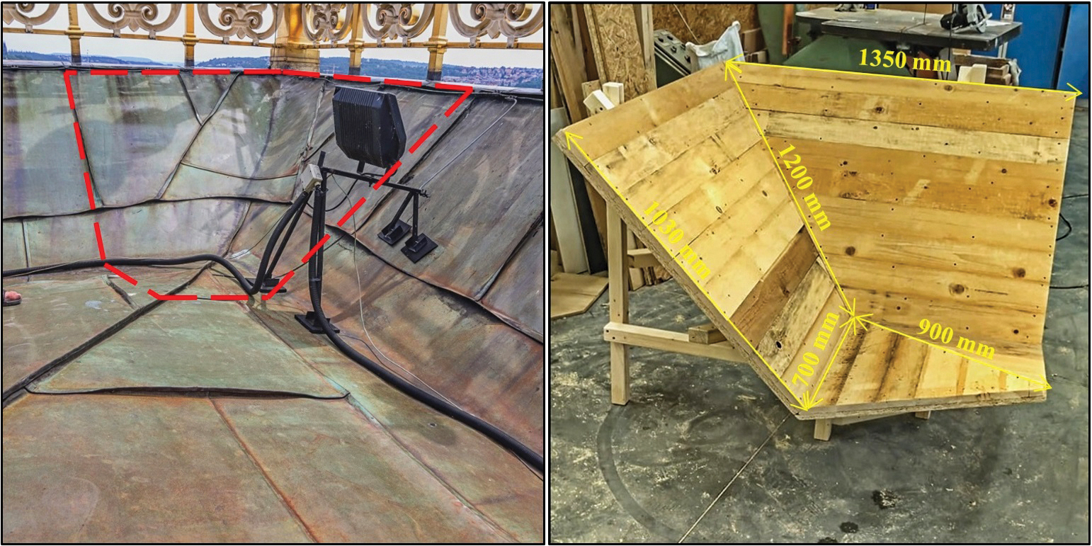 Obr. 1 Vlevo pohled na místo pod jímačem hromosvodu na střeše ND (červeně je vyznačen obrys modelu), vpravo model bez měděného plechu s vyznačenými rozměry