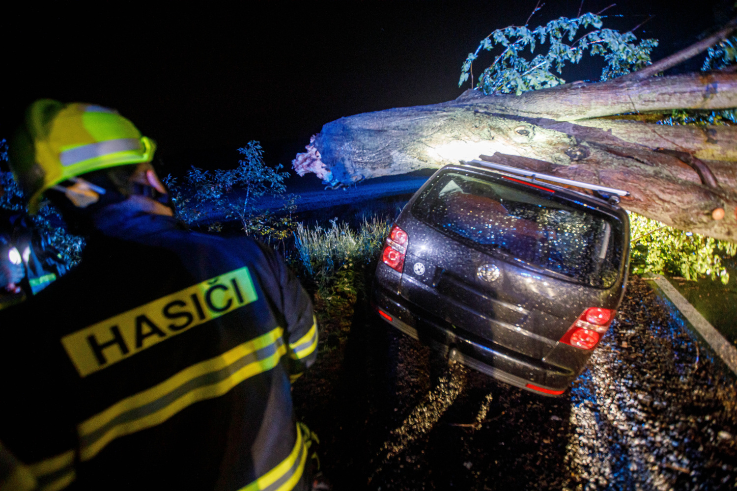 Odstranění stromu spadlého na zaparkovaný automobil u Velké Jesenice u vodní nádrže Rozkoš.
