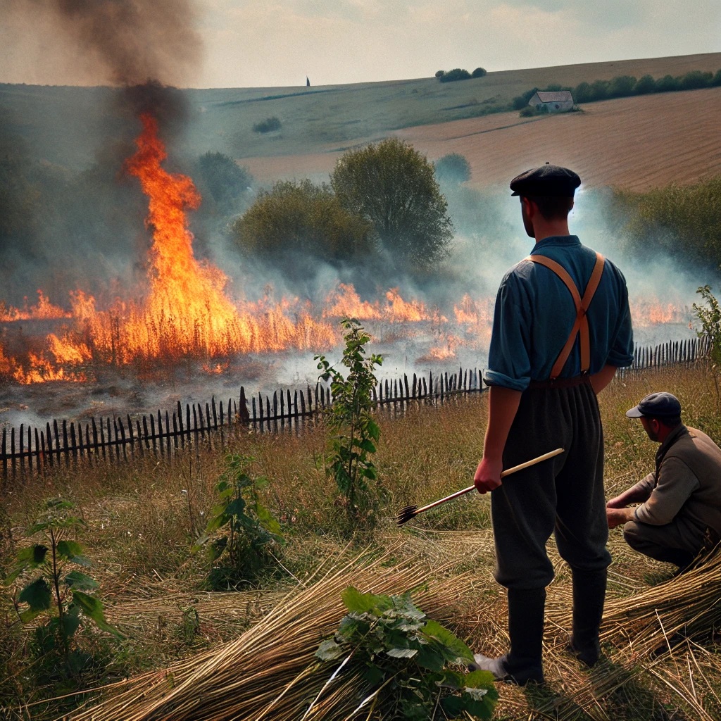 DALL·E 2025-03-07 07.28.10 - A farmer stands nearby holding matches as a large area of lower grass and bushes burn intensely. The scene is set in a Central European rural landscap.jpg