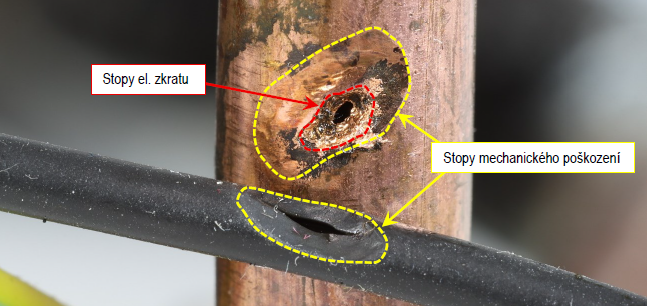 Detailní pohled na izolaci vodiče a měděnou trubici kompresoru