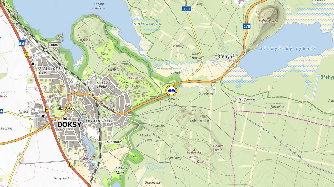  Místo, kde došlo k dopravní nehodě, je na mapě označeno symbolem