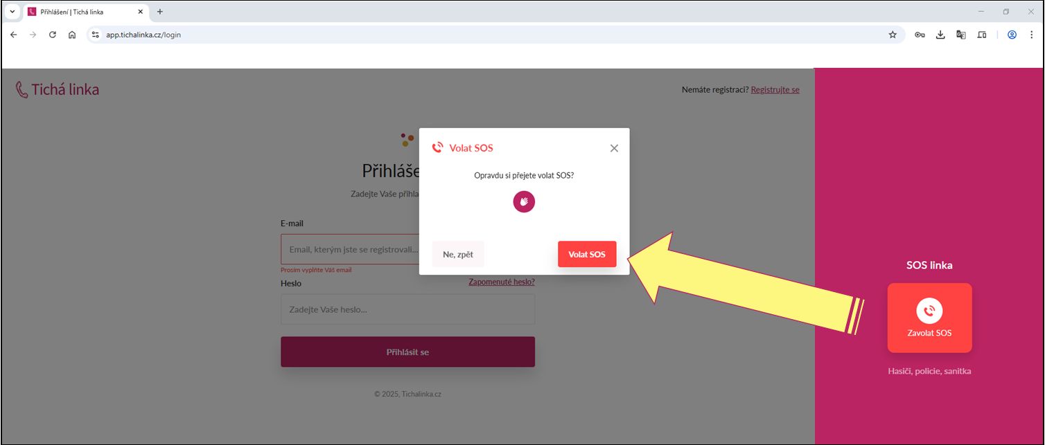 Přístup k tlačítku SOS linka provozované neziskovou organizací Tichý svět, o. p. s.