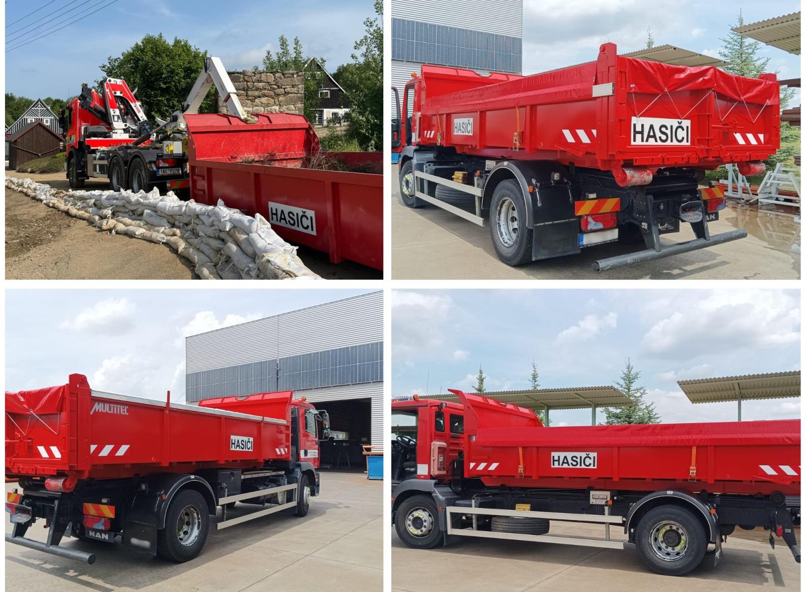 Nákladní kontejnerová vana profesionálních hasičů z českolipské stanice. První foto – tento typ techniky letos v červnu pomáhal hasičům při likvidačních pracích po deštích v Dalešicích na Jablonecku